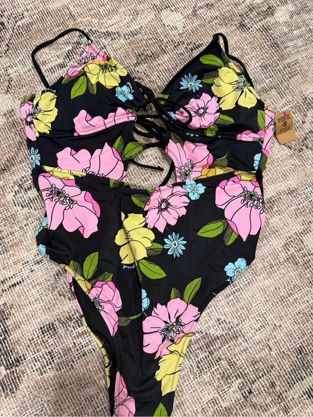 Victoria's Secret Black One-Piece Swimsuit with Pink & Yellow Floral Print